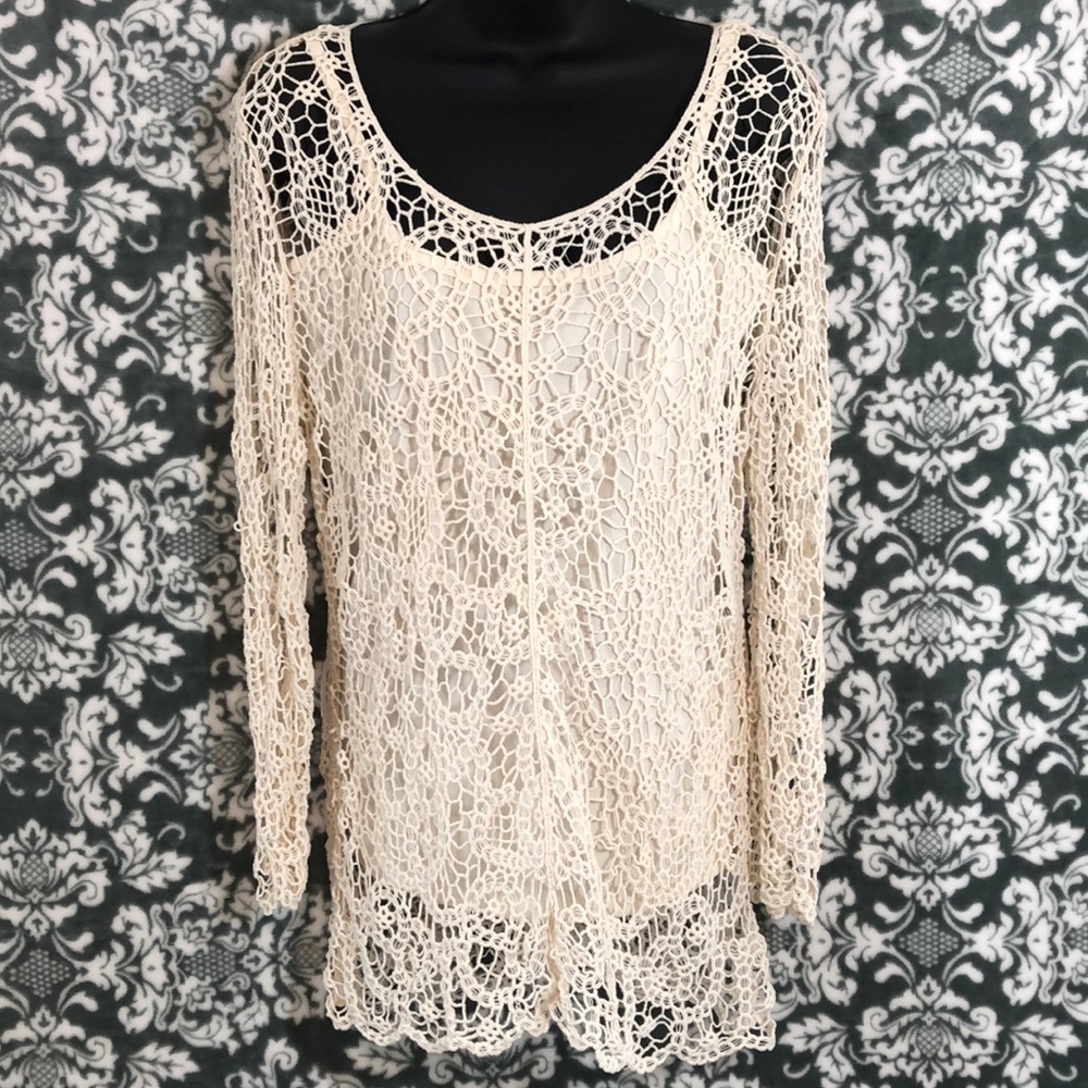 Crochet Long Sleeve Top  with Attached Tank Sz  S
